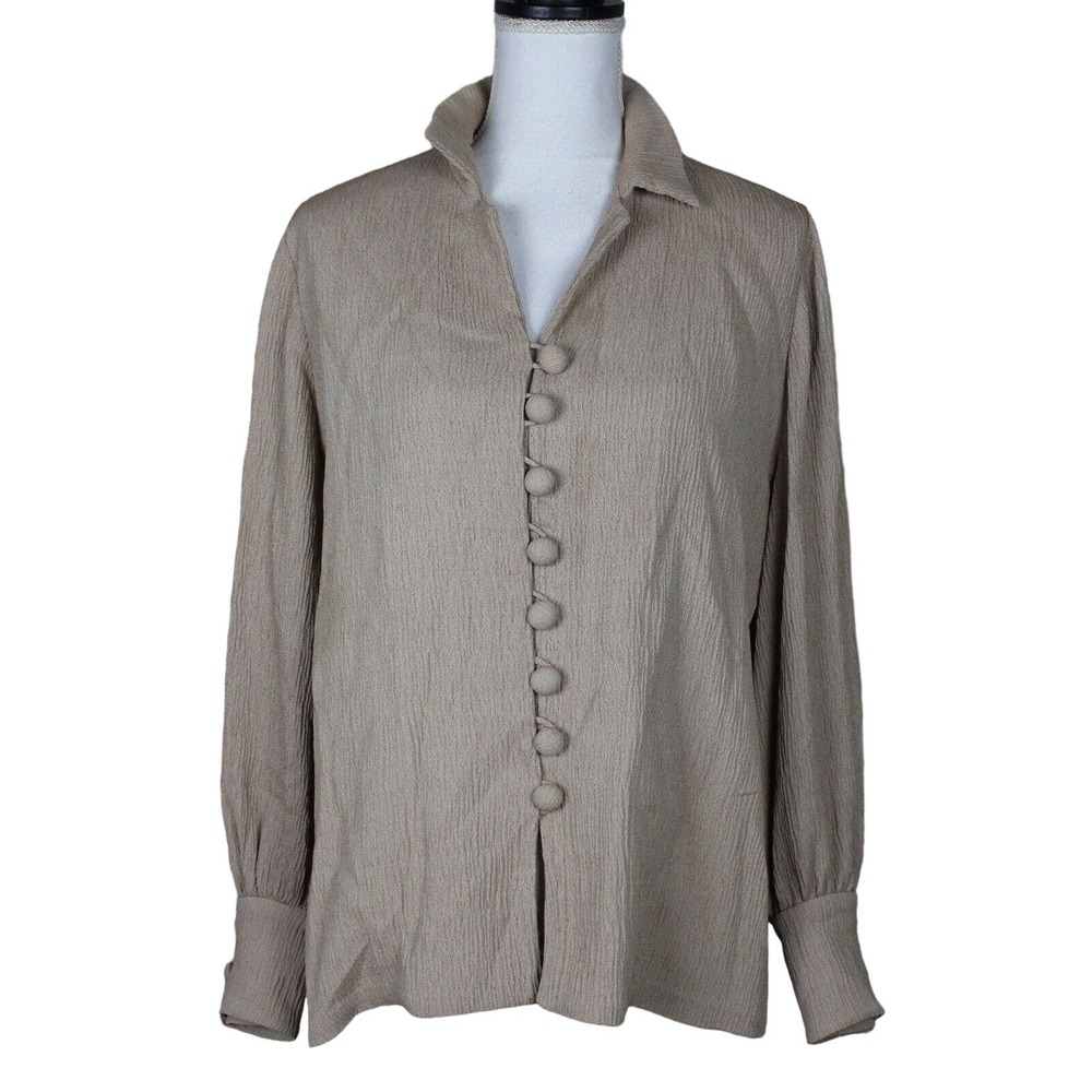 Mark Heister Button Up Crinkle Blouse Top Size Small Beige Tan Long Sleeves